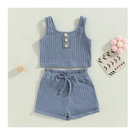 Summer Toddler Baby Girls Outfit Clothes Sets Solid Color Button Vest + Ribbed Drawstring Shorts Baby Children Clothing