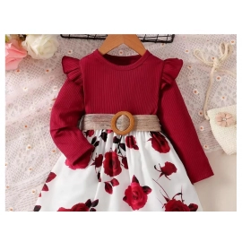 1-7 Years Children Girls New Year Dress Red Long Sleeved Flower Skirt for Birthday Wedding Party Wear Fashion Autumn Outfits